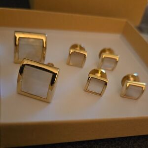 Gold and White Cufflinks And Tuxedo Studs Set